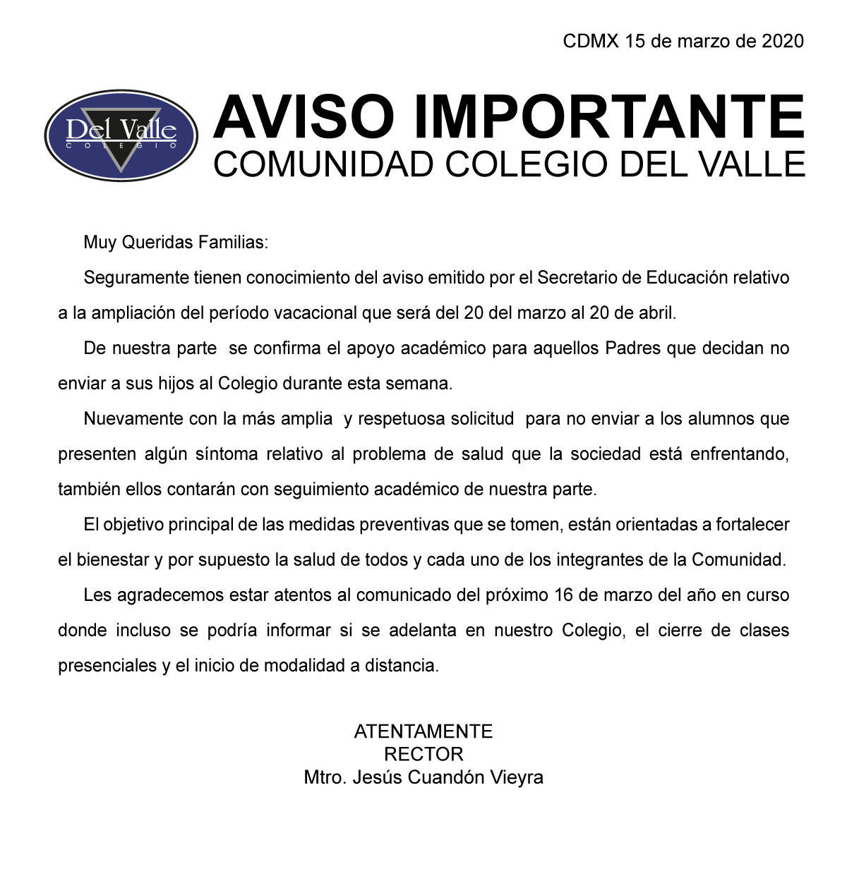 Colegio Del Valle Comunicado del 15 marzo sobre COVID-19