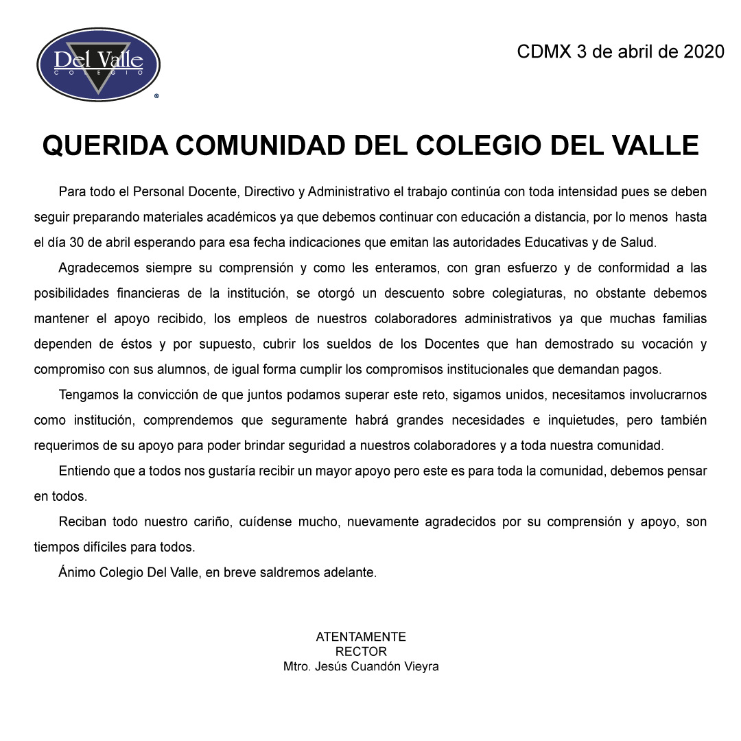 Colegio Del Valle - Comunicado del 03 de abril sobre COVID-19