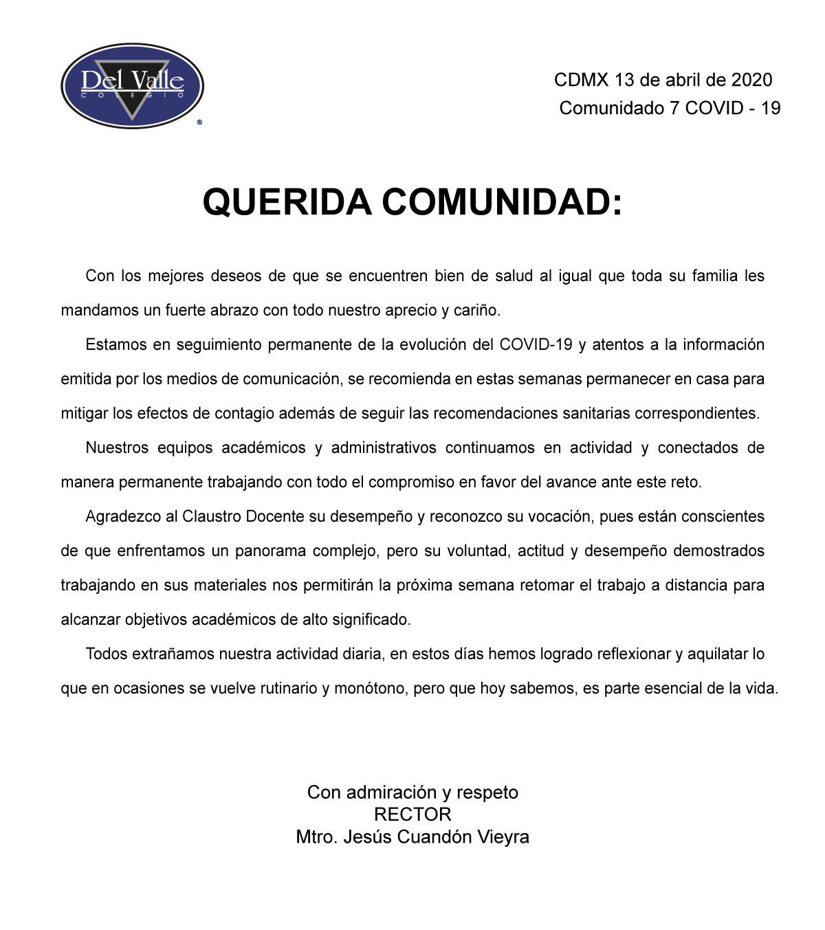 Colegio Del Valle - Comunicado del 13 de abril sobre COVID-19